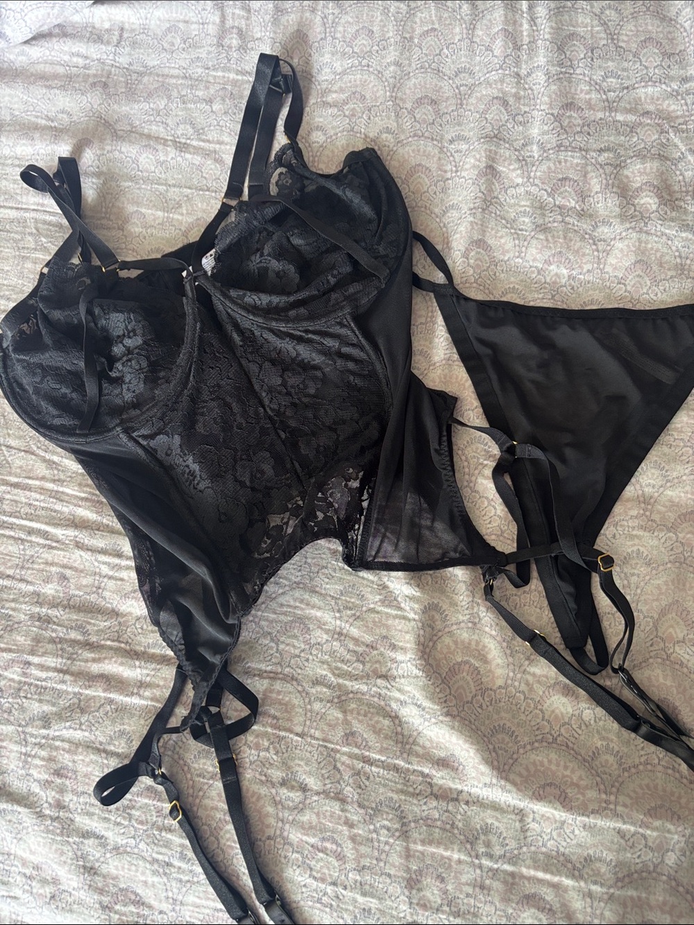 Adore Me Black Lace Bustier with Garter Straps/Matching Thong 1X
